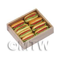 Dolls House Miniature  Jumbo Hot Dogs In a Wooden Bakers Tray