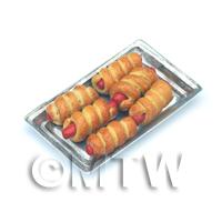 Dolls House Miniaturre Wrapped Sausages On A Metal Tray