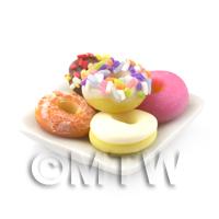 5 Dolls House Miniature Mixed Donuts On A Square Plate