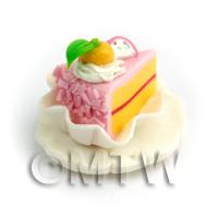 Dolls House Miniature Pink Iced  Individual Cake Slice On A Clay Plate 