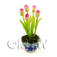 Dolls House Miniature Pink And White Tulip In A Blue Pattern Ceramic Pot 