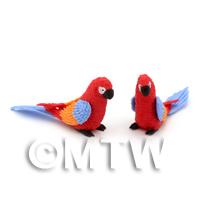 2 Red Dolls House Miniature Parrots With Multi-Coloured Wings and Blue Tails