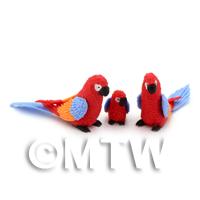 3 Red Dolls House Miniature Parrots With Multi-Coloured Wings and Blue Tails
