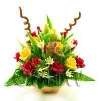 1/12th scale - [EOL]Dolls House Miniature Roses   Daisies in a Basket