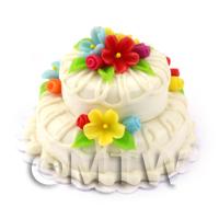 Dolls House Miniature Two Tier White Iced Flower Cake 