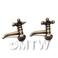 2x Dolls House Miniature Antique Brass Coloured Metal Cross Top Taps 