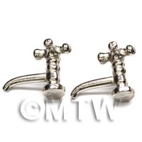 2 Dolls House Miniature Silver Coloured Metal Cross Top Sink Taps 