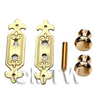 Dolls House Miniature Brass Door Knob And Fleur De Lis Plate Set