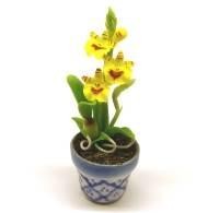 Dolls House Miniature Yellow Orchid in a Blue Ceramic Pot 