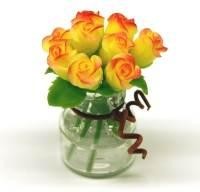 9 Miniature Yellow   Red Roses in a Short Glass Vase