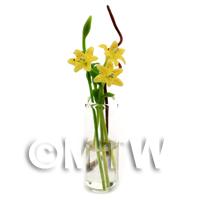 5 Miniature Long Stemmed Yellow Lilies in a Glass Vase 