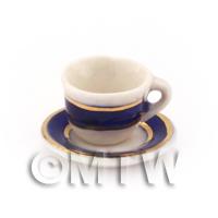 Dolls House Miniature Blue and Metallic Gold Coffee Cup and Saucer