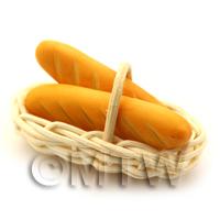 2 Dolls House Miniature Baguettes in a Basket