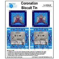 1:6th Dolls House Miniature Packaging Sheet of 2 Coronation Biscuit Tins 2023