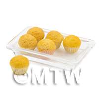 dolls house miniature six plain cupcakes on a glass effect tray 
