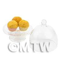 dolls house miniature three plain cupcakes on a glass cake stand with lid