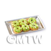 Dolls House Miniature Green Flower Shaped Donuts On A Tray