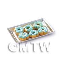 Dolls House Miniature Blue Flower Shaped Donuts On A Tray