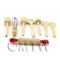 Dolls House Miniature 8 Piece Wooden Kitchen Utensil Set 