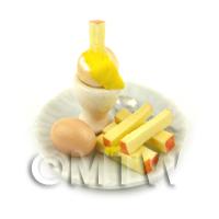 Dolls House Miniature Boiled Egg Being Dipped On A White Plate Style
