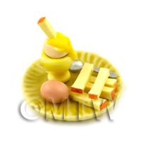1/12th scale - Dolls House Miniature Boiled Egg Being Dipped On A Yellow Plate