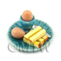 Dolls House Miniature Boiled Egg and Toast on A Blue Plate Style 1