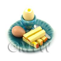 Dolls House Miniature Boiled Egg Top Off On A Blue Plate Style 2