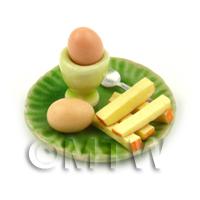 Dolls House Miniature Boiled Egg and Toast on A Green Plate Style 1