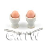 2 Dolls House Miniature Eggs in White Ceramic Egg Cups With Spoons