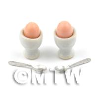2 Dolls House Miniature Eggs in White Ceramic Egg Cups With Spoons
