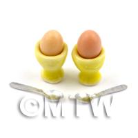2 Dolls House Miniature Eggs in Yellow Ceramic Egg Cups With Spoons