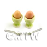 2 Dolls House Miniature Eggs in Green Ceramic Egg Cups With Spoons