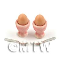 2 Dolls House Miniature Eggs in Pink Ceramic Egg Cups With Spoons
