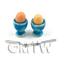 2 Dolls House Miniature Eggs in Blue Ceramic Egg Cups With Spoons 