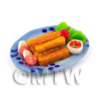 Dolls House Miniature Pile of Spring Rolls on a Ceramic Plate 
