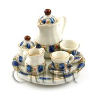 Dolls House Miniature 6 Piece Coffee Set Blue Pink Rose Design