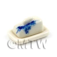 Dolls House Miniature  White And Blue Ceramic Butter Dish / Cheese Dish