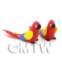 Pair of Dolls House Miniature Handmade Air Dried Clay Red Parrots 