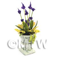 Dolls House Miniature Purple and Yellow Flowers In an Urn 