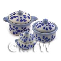 3 Dolls House Miniature Blue Spotted Kitchen Pots