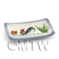 Dolls House Miniature 28mm x 49mm White Ceramic Cockerel Plate With Blue Edge