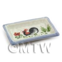 Dolls House Miniature 35mm x 52mm White Ceramic Cockerel Plate With Blue Edge