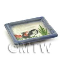 Dolls House Miniature 34mm x 40mm White Ceramic Cockerel Plate With Blue Edge