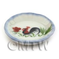 42mm Dolls House Miniature White Ceramic Cockerel Plate With Blue Edging