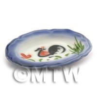 Dolls House Miniature 40mm x 54mm White Ceramic Cockerel Plate With Blue Edge