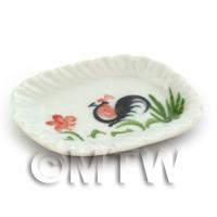 Dolls House Miniature 36mm x 47mm White Ceramic Edged Cockerel Plate