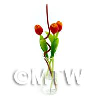 3 Miniature Long Red And Orange Tulips in a Glass Vase 