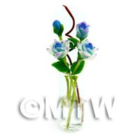 4 Miniature Long White And Blue Roses in a Glass Vase 