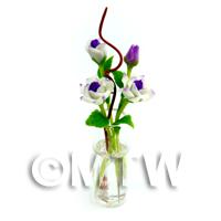 4 Miniature Long Purple And White Roses in a Glass Vase 