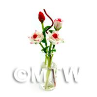 4 Miniature Long Red And White Roses in a Glass Vase 